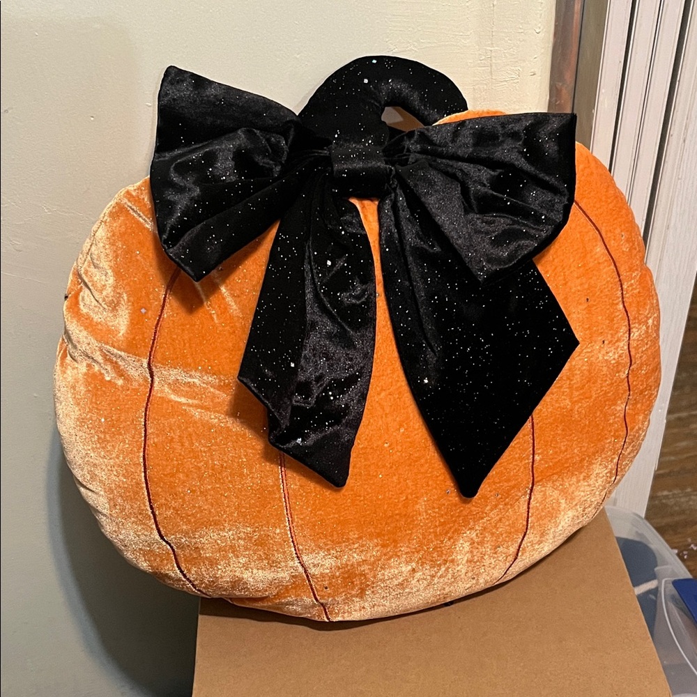 Velvet Pumpkin Pillow with Black Bow